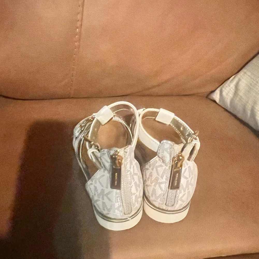 MICHAEL Michael Kors White and Gold Logo Strappy Sandals